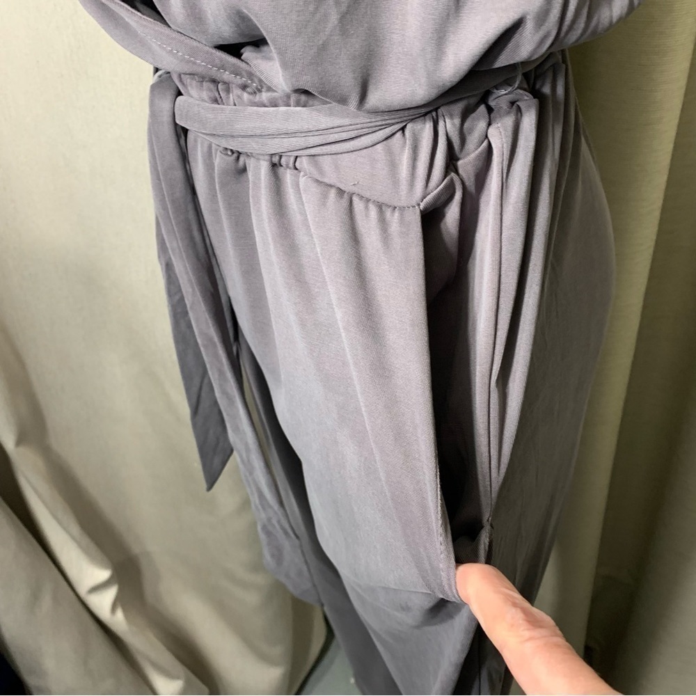 Dex Gray Hi Rise Jumpsuit Modal Blend Sz S Sleeveless Wrap V Neck Belted Romper - Picture 7 of 14
